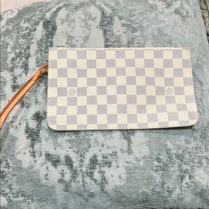 Damier Azur Wristlet Clutch in Cream and Light Gray with Tan Strap